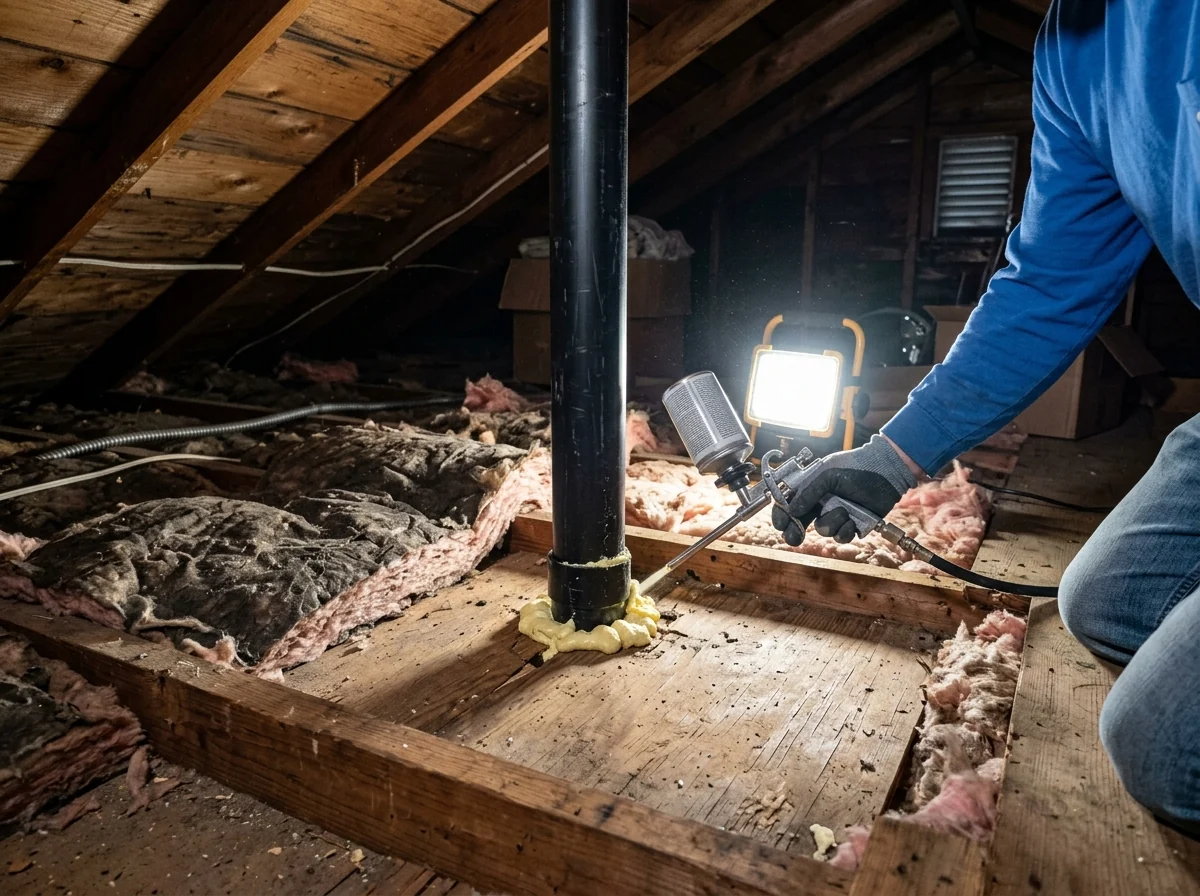 Gap around a plumbing vent pipe in the attic floor being sealed with foam, insulation pulled back