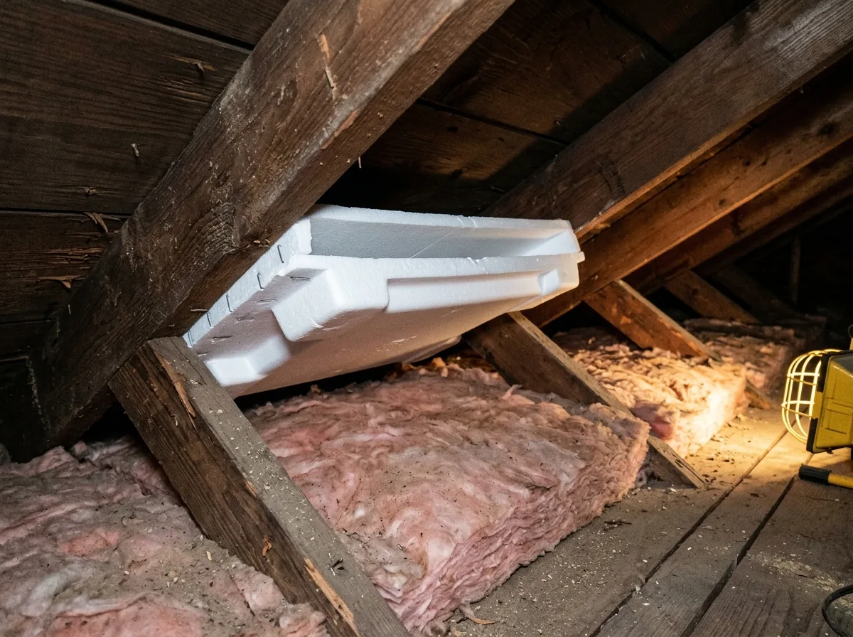 Foam rafter baffle stapled between rafters at the eave, holding an open air channel above the insulation