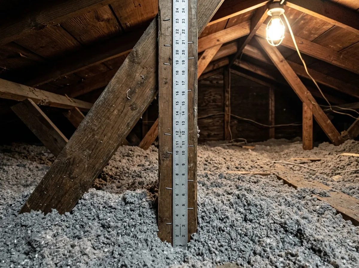 Depth ruler stapled to an attic truss showing gray blown-in cellulose insulation at the target depth