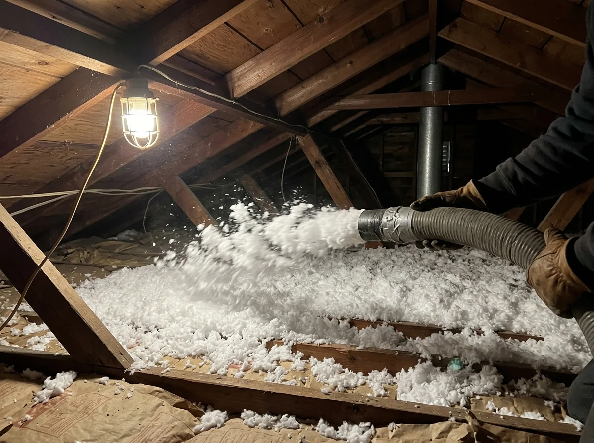 Insulation hose blowing loose-fill fiberglass between attic joists, building up an even white layer