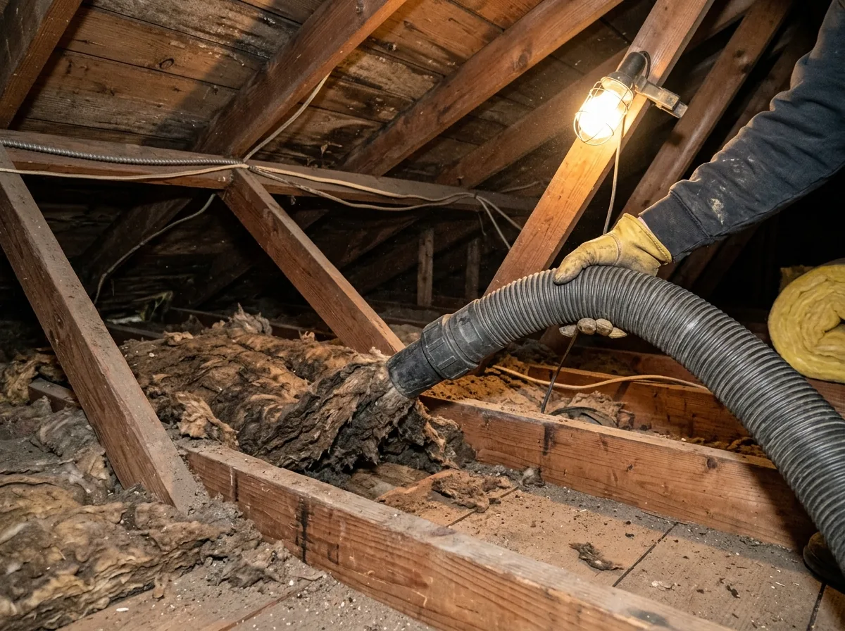 Large vacuum hose removing old, compressed and stained insulation from between attic joists