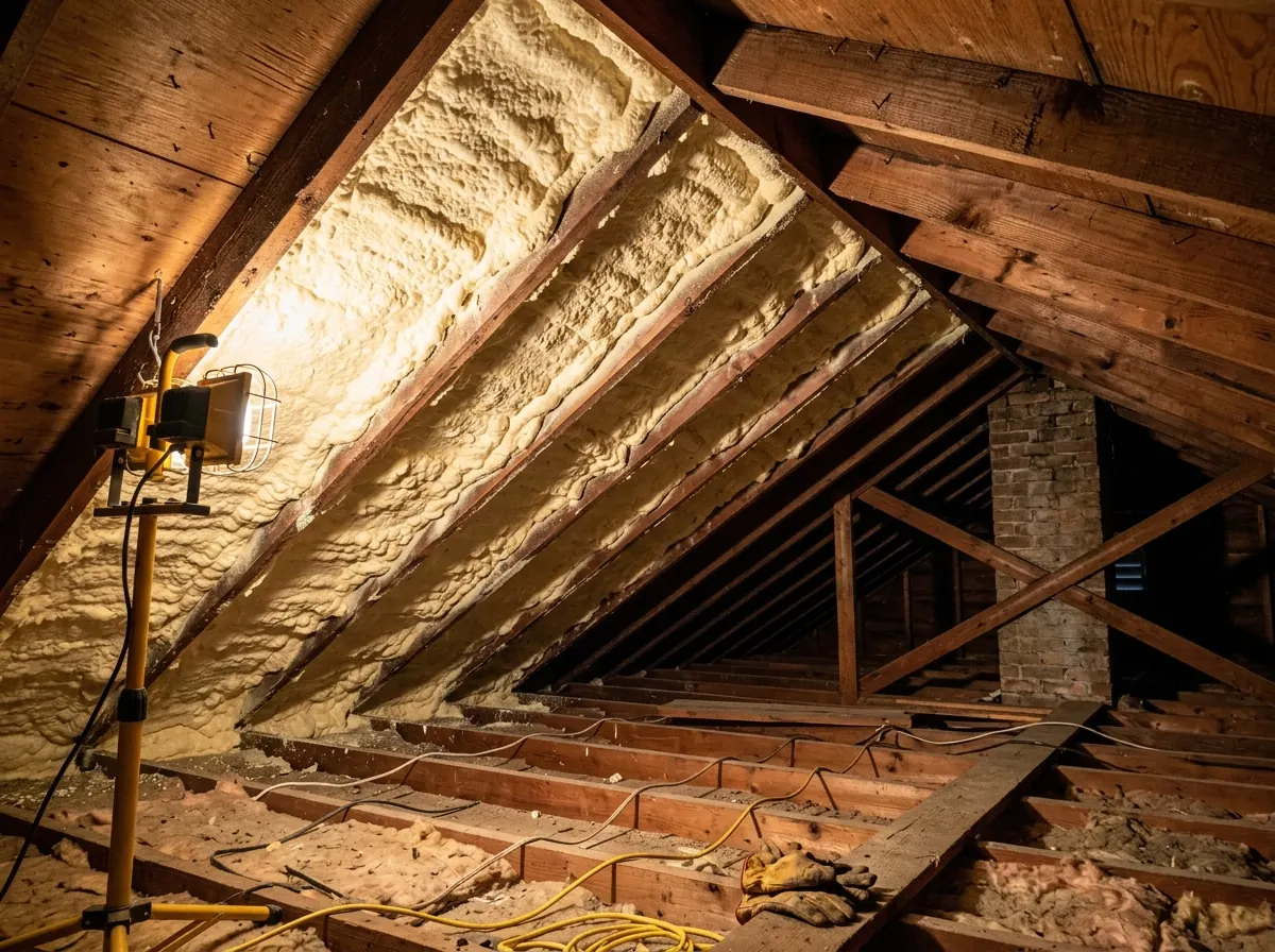 Closed-cell spray foam applied to the underside of the roof deck between rafters in an attic