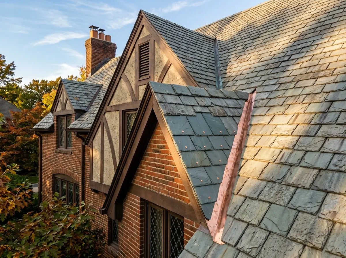 Tudor-style brick home with a gray-green slate roof and a copper valley between two gables