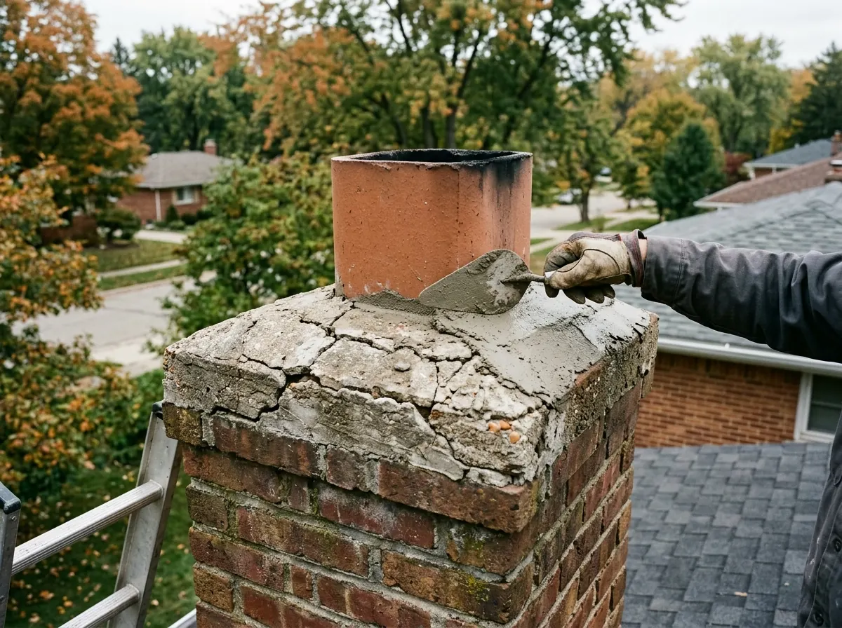 Cracked concrete chimney crown being resurfaced with a trowel around the flue tile