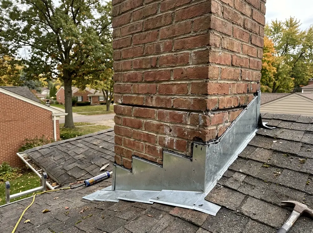 Metal counterflashing bent into a saw-cut mortar joint on a brick chimney
