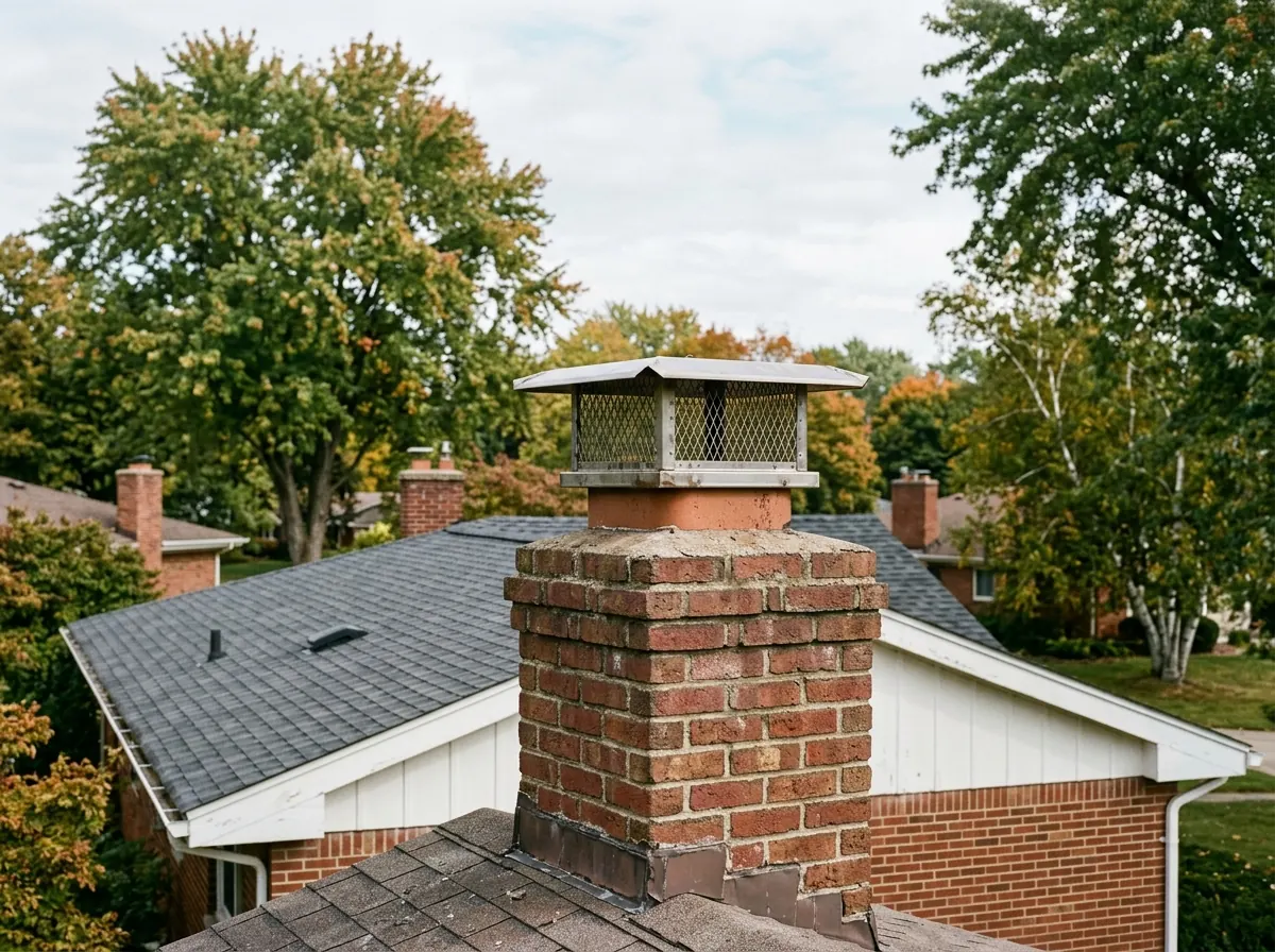 Stainless steel chimney cap with mesh sides on top of a brick chimney