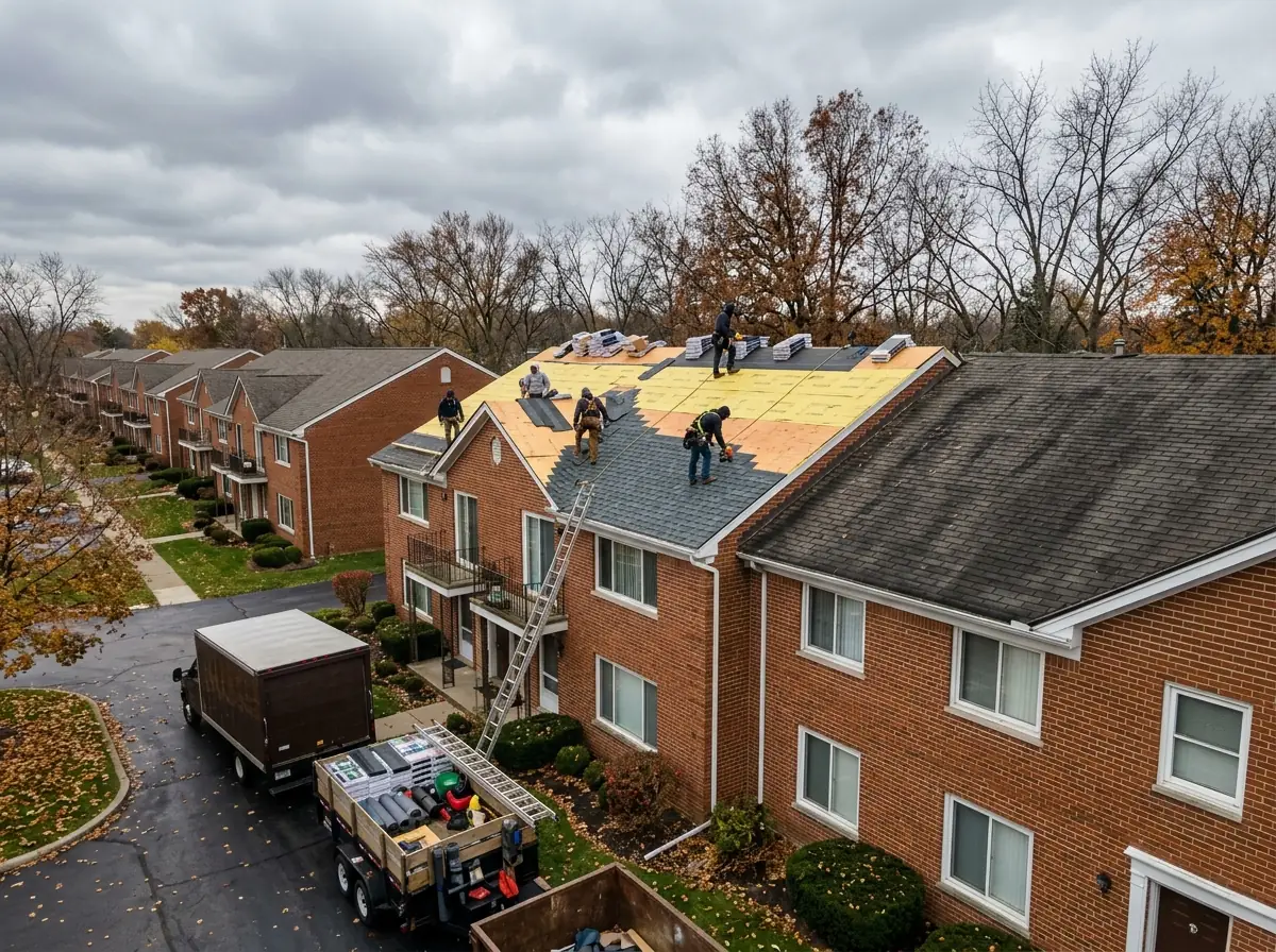 Crew re-roofing one building in a row of two-storey condo buildings, with the next building's roof still old