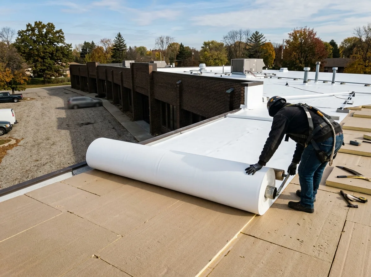 New white TPO membrane being rolled out over insulation boards on a strip-center roof