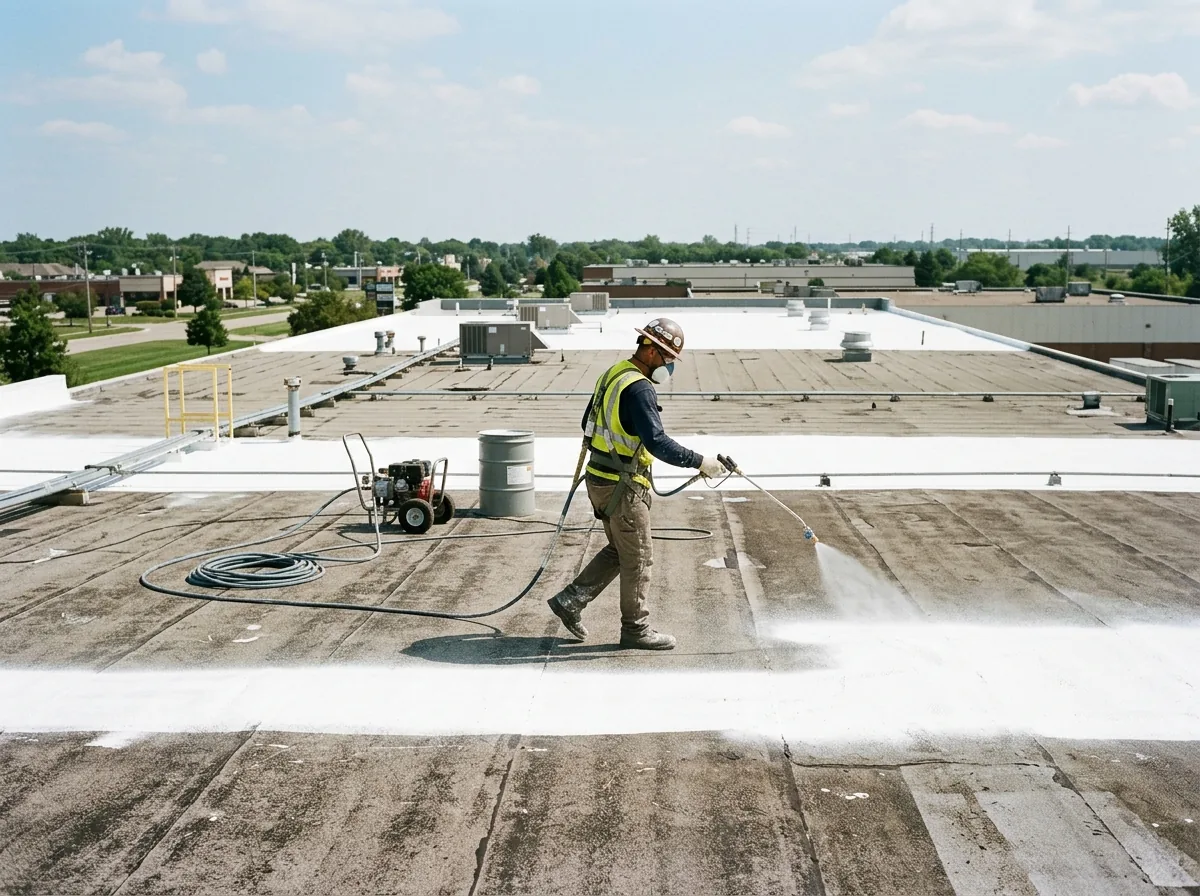 Worker spraying white roof coating across a large low-slope warehouse roof