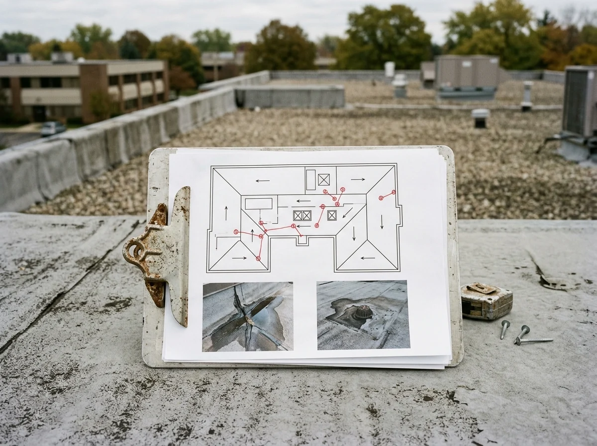 Printed roof condition report with a roof plan drawing, marked leak locations and photos on a clipboard