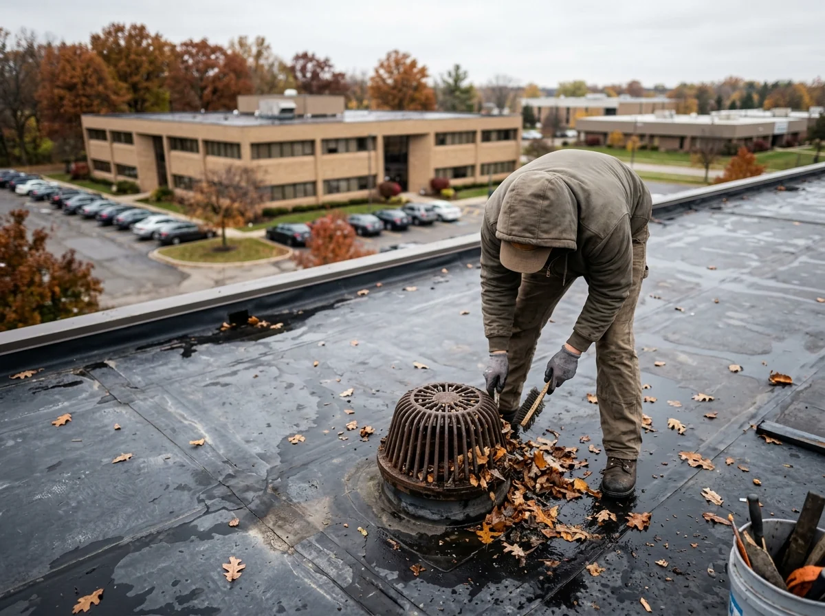 Roof technician clearing leaves and debris from a cast-iron roof drain strainer on a membrane roof