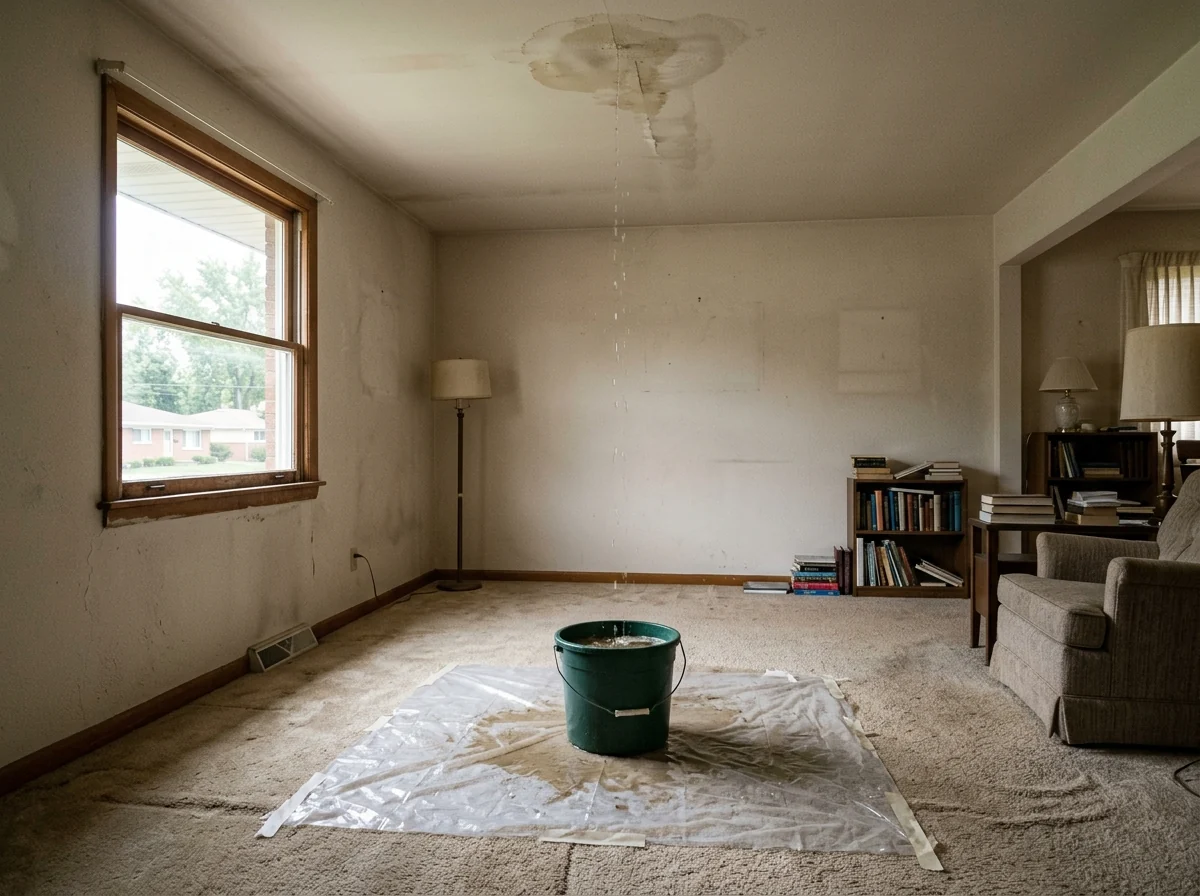 Bucket and plastic sheeting under a dripping ceiling leak in a living room