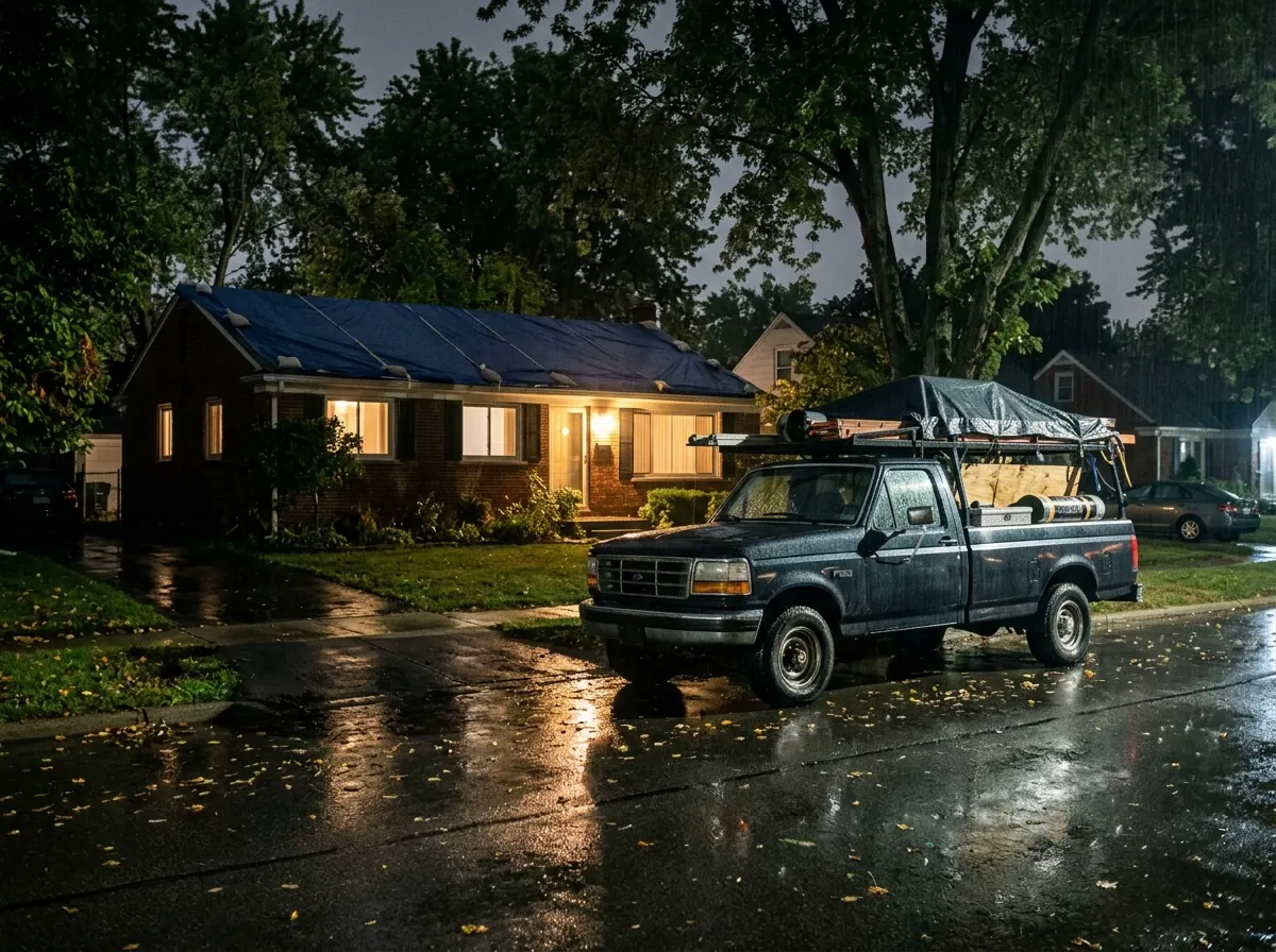 Roofing work truck parked at night in the rain in front of a house with a tarped roof