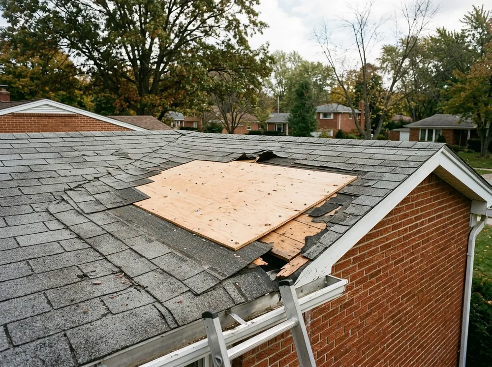 Plywood sheet screwed over a section of roof where shingles and decking blew off