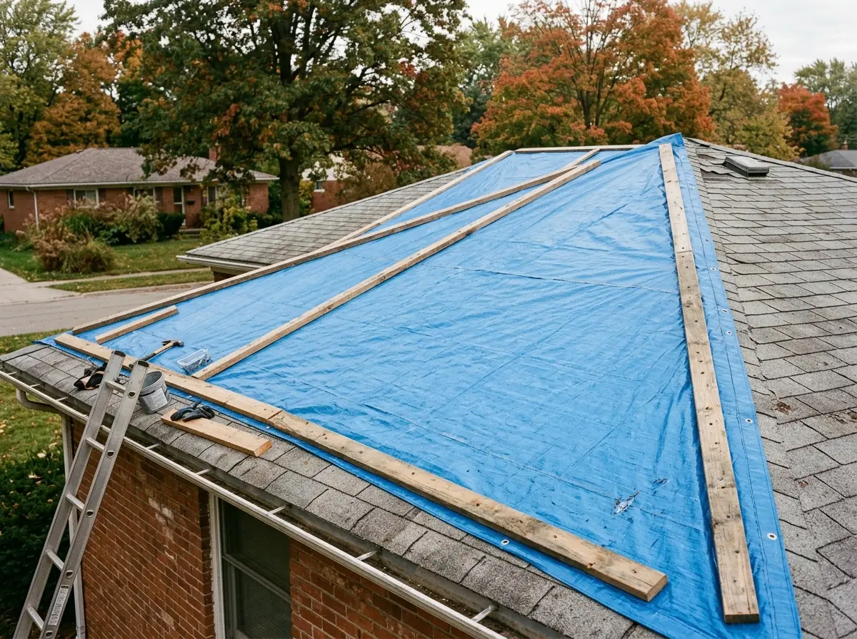 Blue tarp stretched over a roof ridge and held down with wood battens screwed along its edges