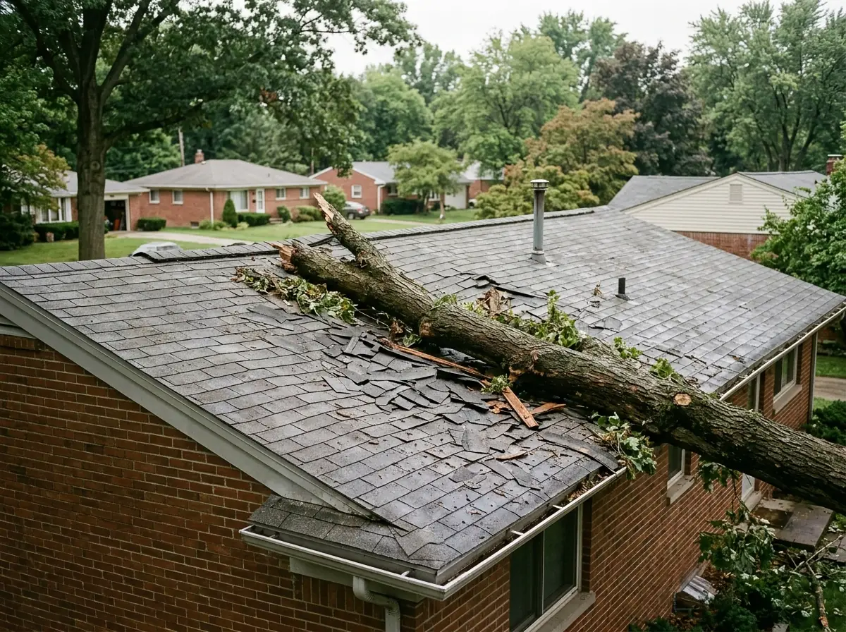 Large tree limb lying across a shingle roof with broken shingles under it