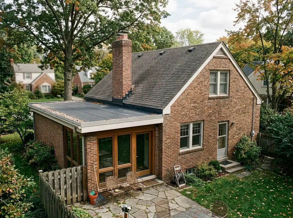 Mid-century house with a flat-roofed rear addition next to the main shingled roof