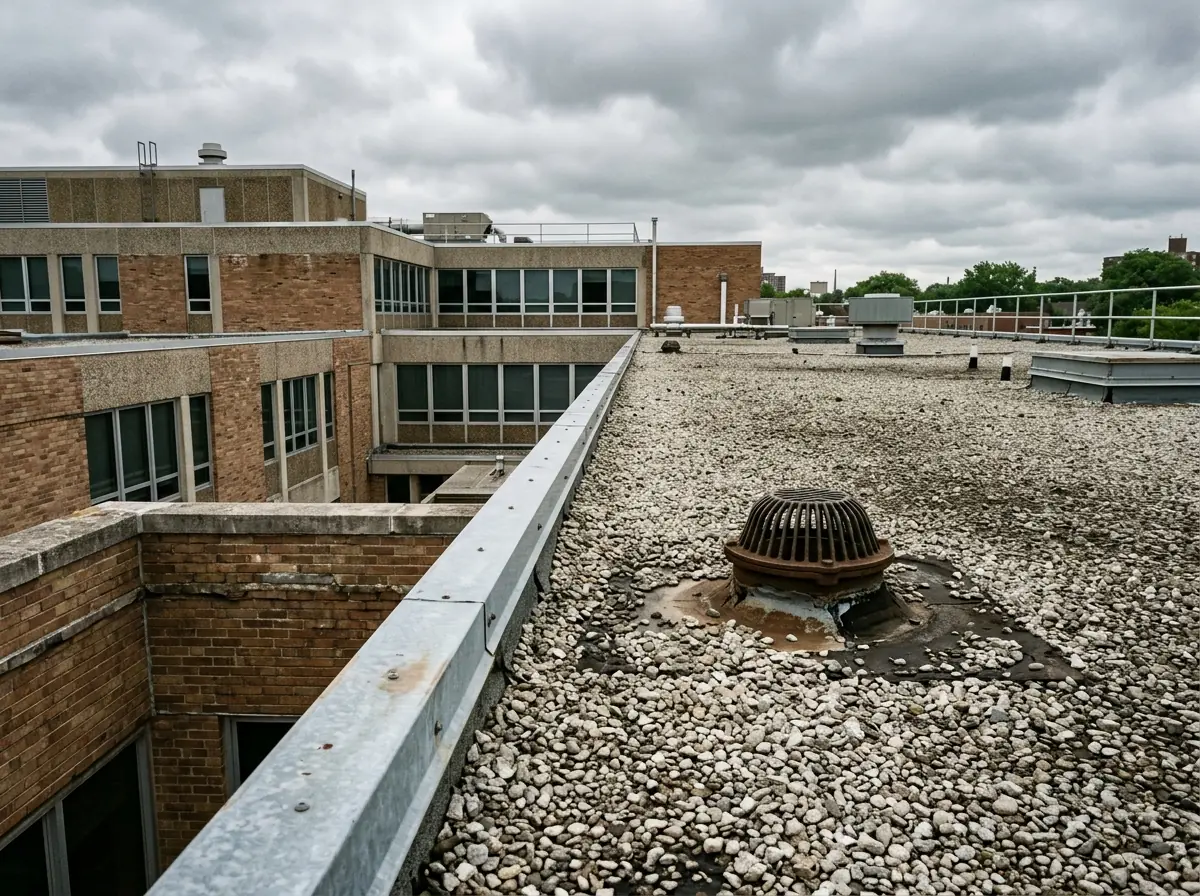 Flat roof covered with gravel over a built-up tar and felt roof, with a metal edge and a roof drain