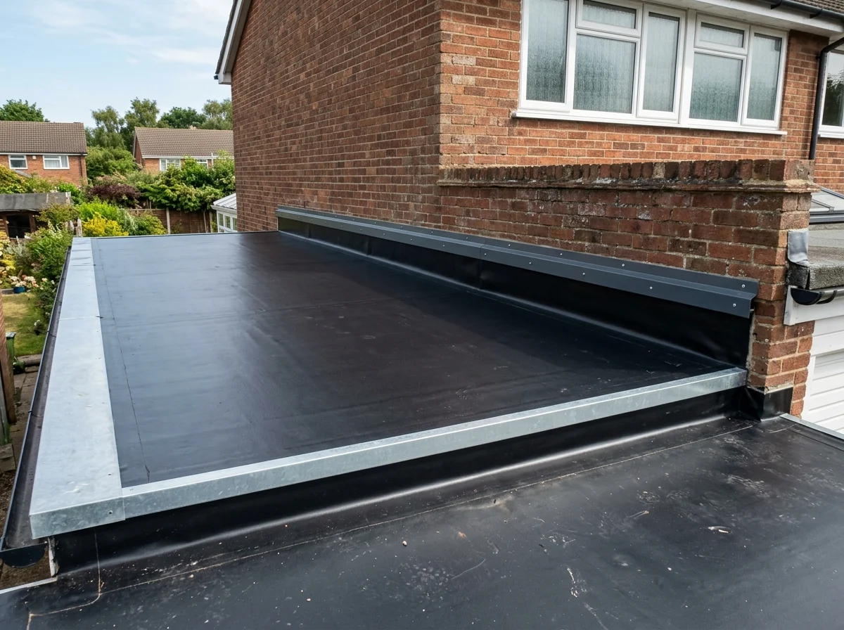 Black EPDM rubber membrane on the flat roof of an attached garage beside a brick house wall
