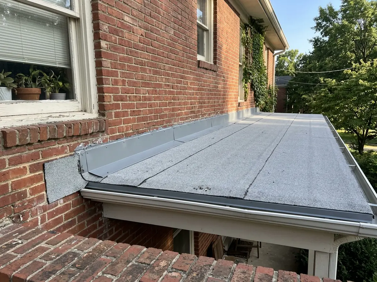 Granulated modified bitumen cap sheet on a low-slope porch roof meeting a brick house wall