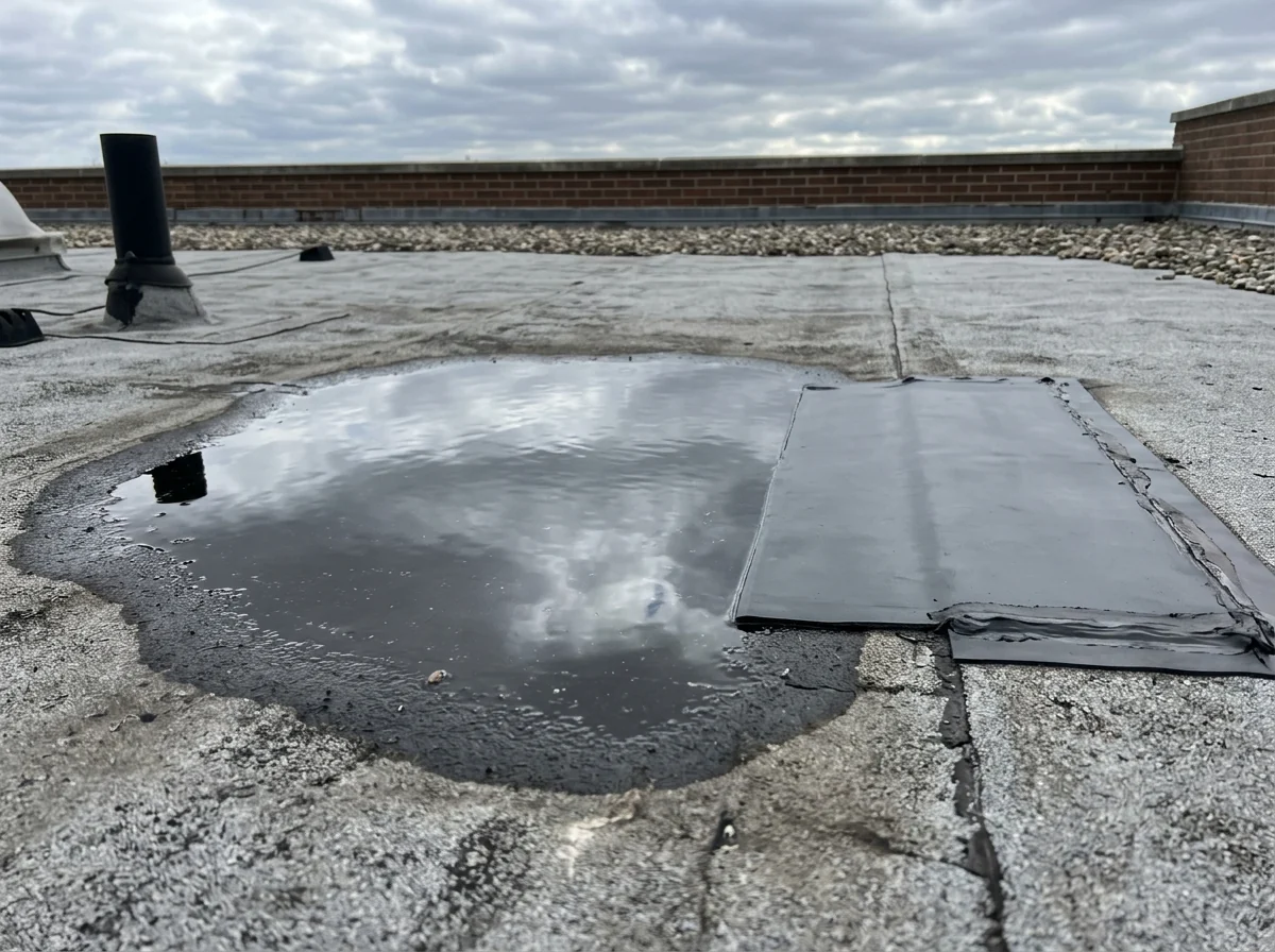 Shallow ponding water on a flat membrane roof next to a freshly patched seam