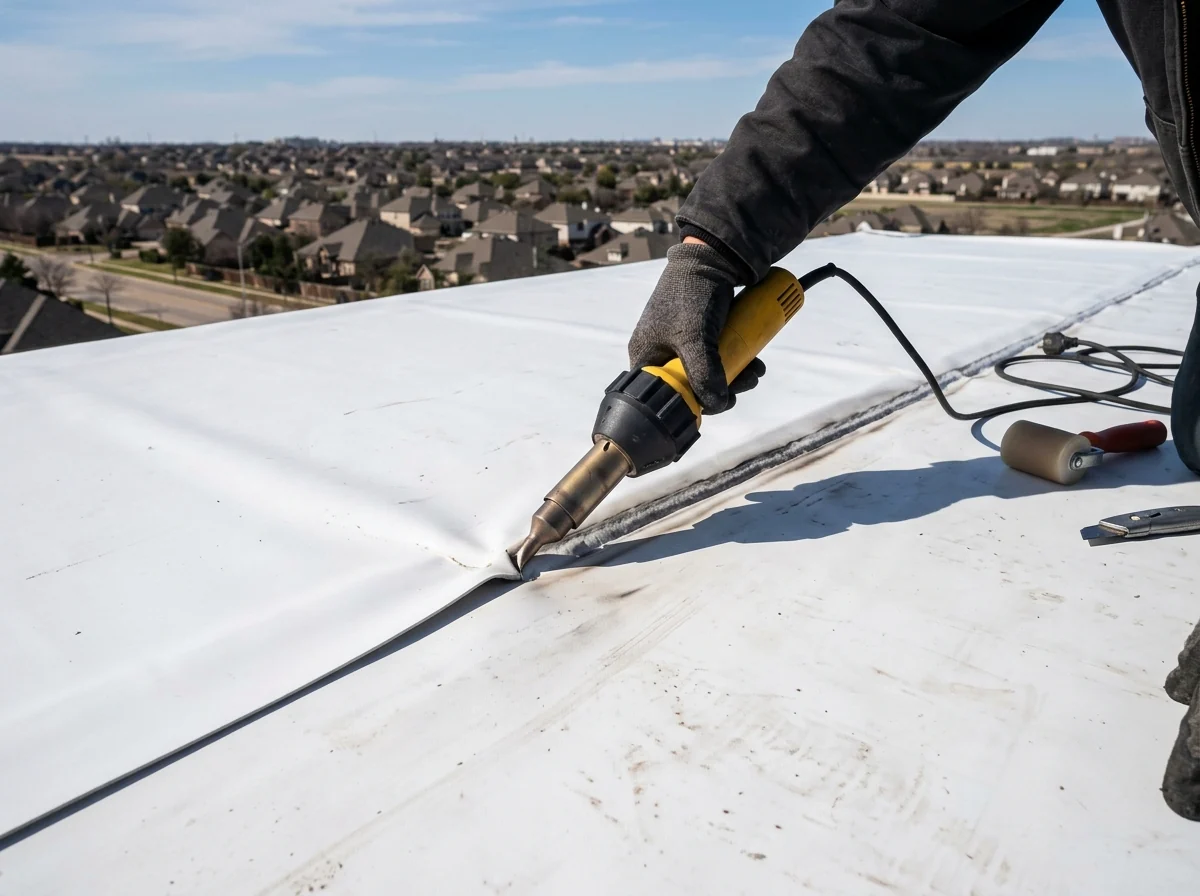 Roofer's hand guiding a hot-air welder along the seam of a white TPO membrane on a low-slope roof