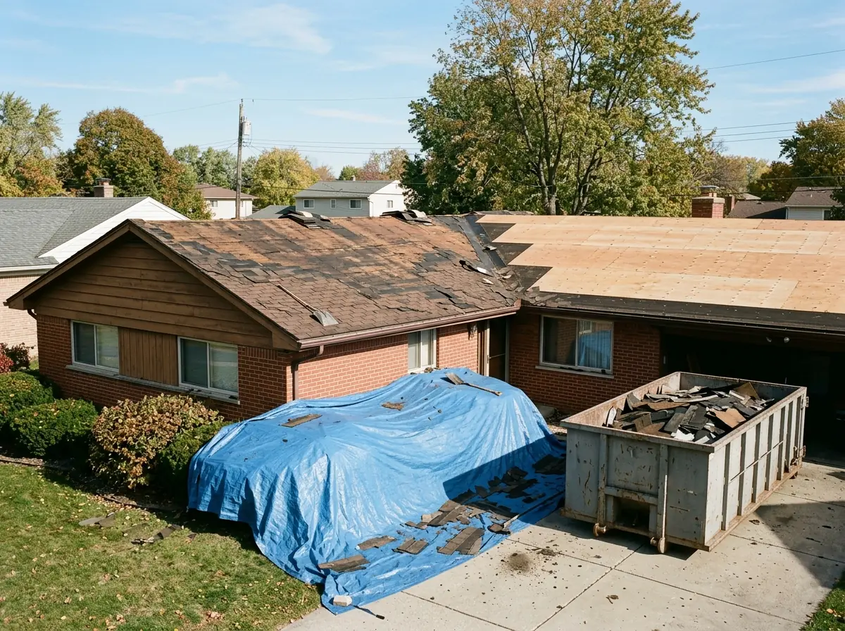 Brick ranch house mid tear-off, with old brown shingles half stripped to the plywood deck, a blue tarp over the shrubs and a debris dumpster on the driveway
