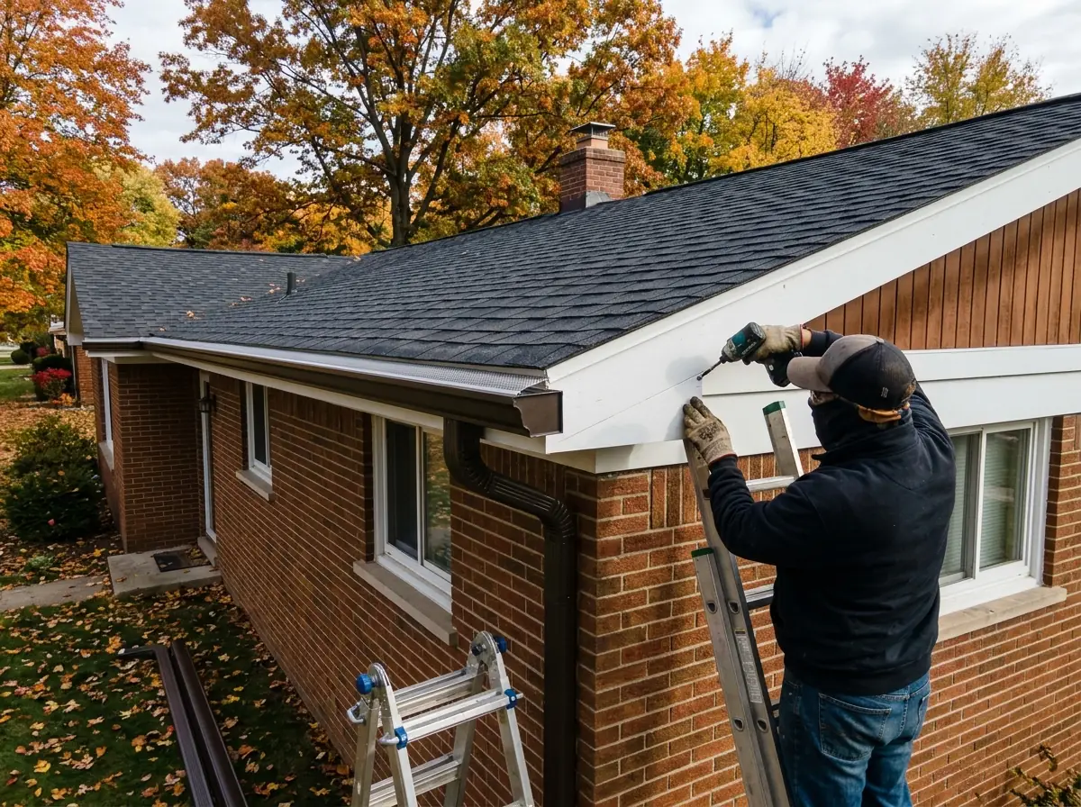 New seamless gutter and matching micro-mesh guard being hung together along a fresh white fascia board