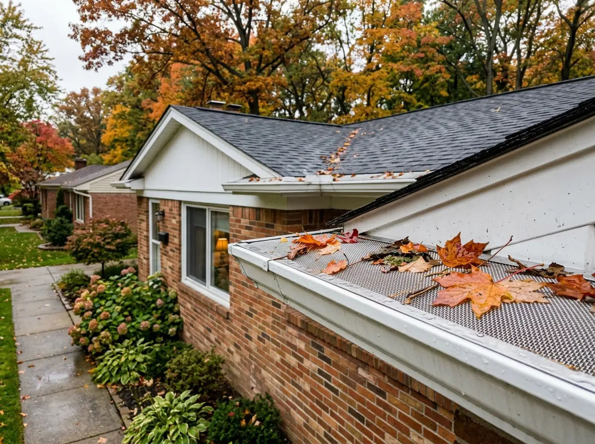 Stainless micro-mesh gutter guard over a white aluminum gutter, with wet maple leaves sitting on top of the mesh