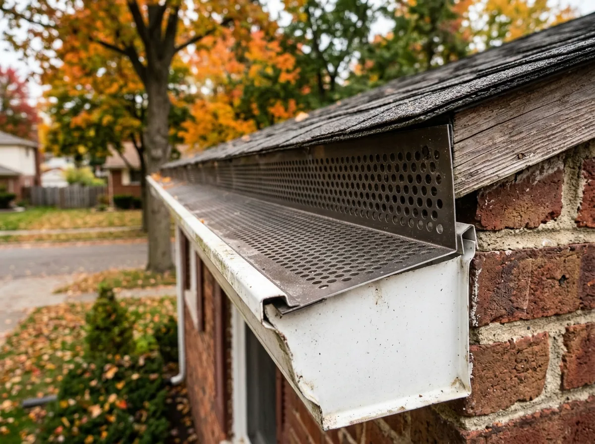 Close-up of a perforated aluminum gutter guard with rows of round holes, fitted into a K-style gutter