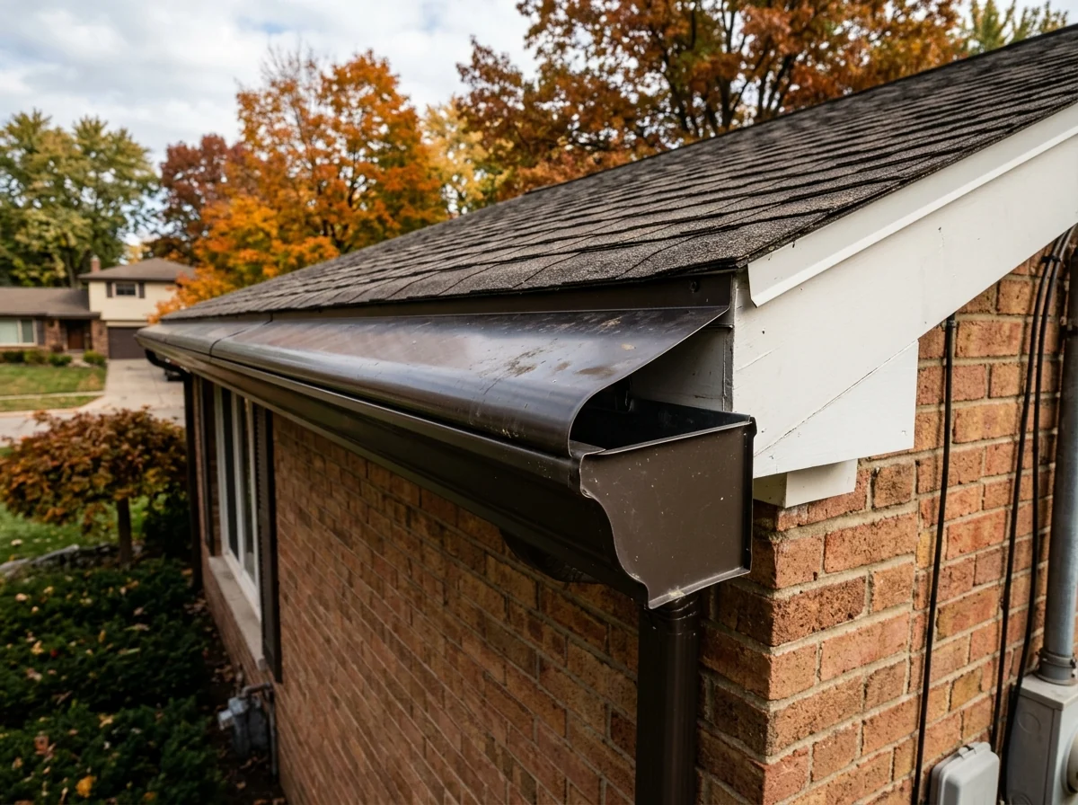 Reverse-curve gutter hood covering a seamless gutter, its rounded front edge curling back into a narrow slot