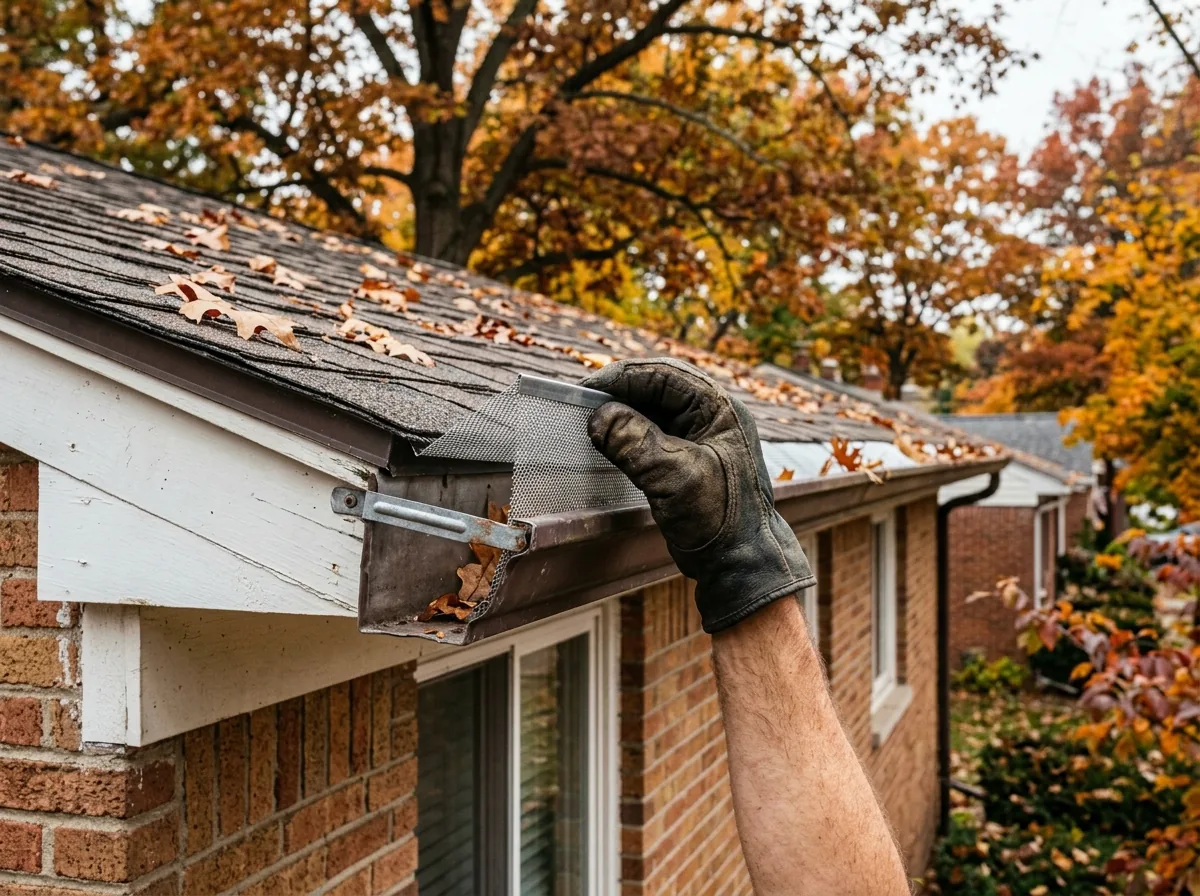 Snap-in metal screen gutter guard being pressed into a gutter by a gloved hand