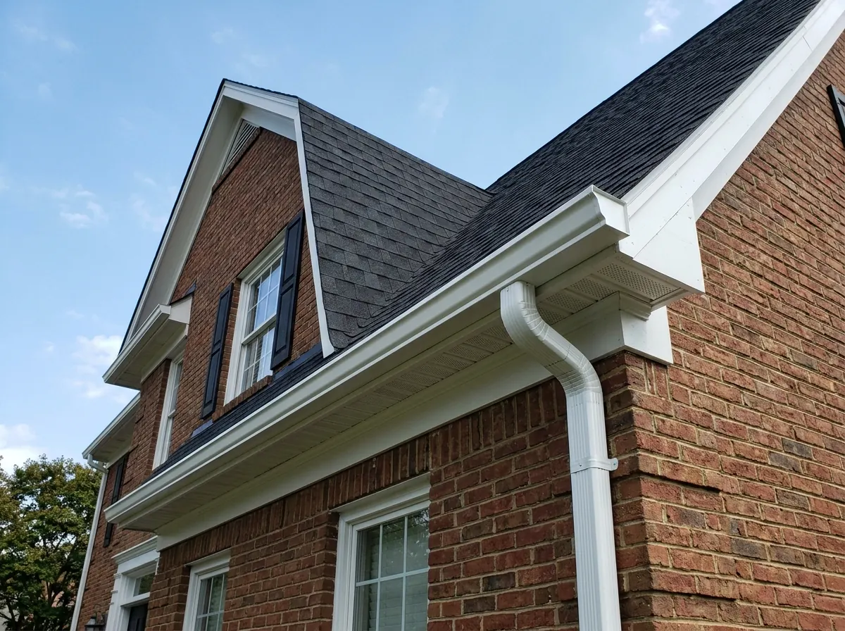 Wide 6-inch white K-style gutter along the eave of a steep two-story roof