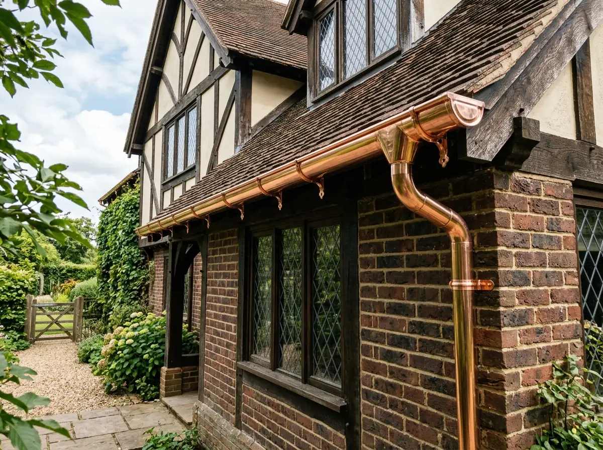 Copper half-round gutter with round copper downspout on a Tudor-style brick house