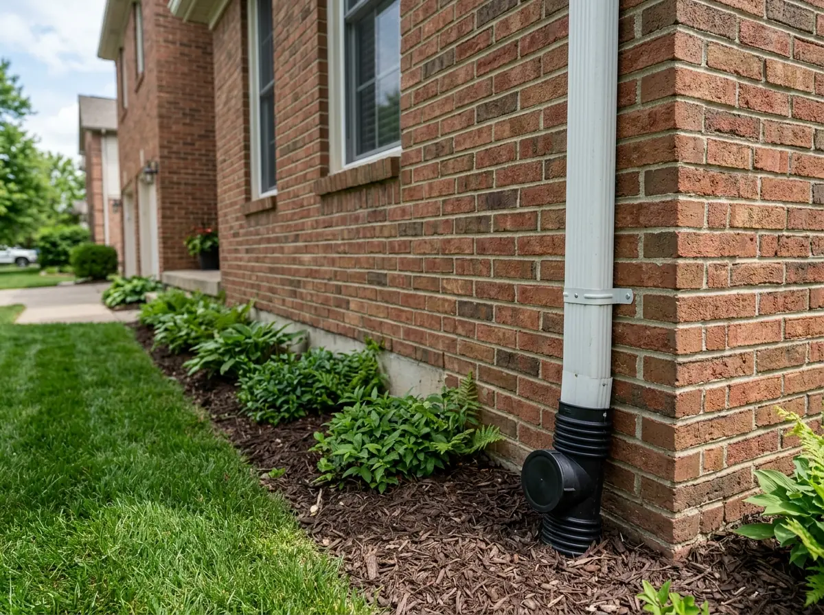 Downspout on a brick house connected to a buried black drain pipe at the base of the wall