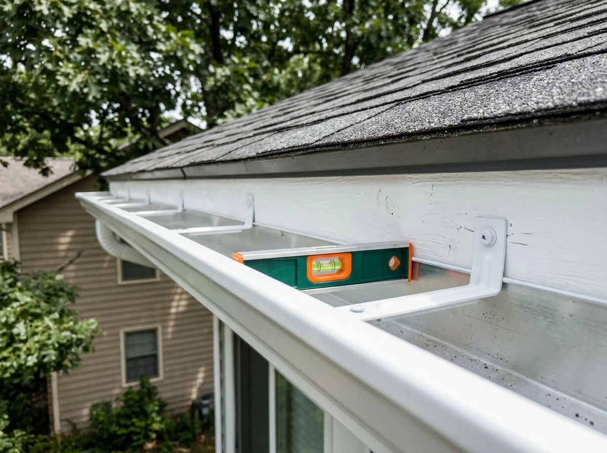 Gutter re-hung on a fascia board with new hidden hangers after being re-sloped toward the downspout