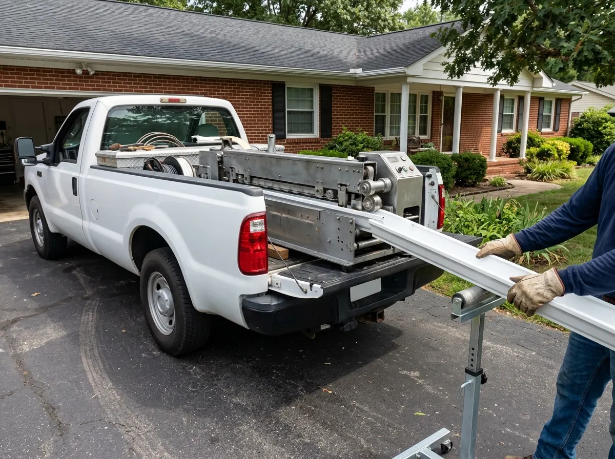 Installer feeding a white aluminum coil through a seamless gutter machine on the back of a work truck in a driveway