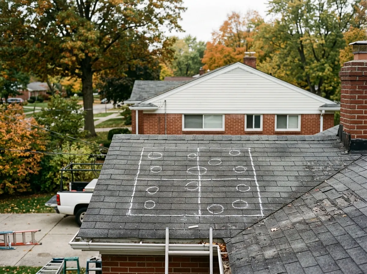 Chalk outline of a ten-by-ten-foot test square on a shingle roof slope with circled hits inside
