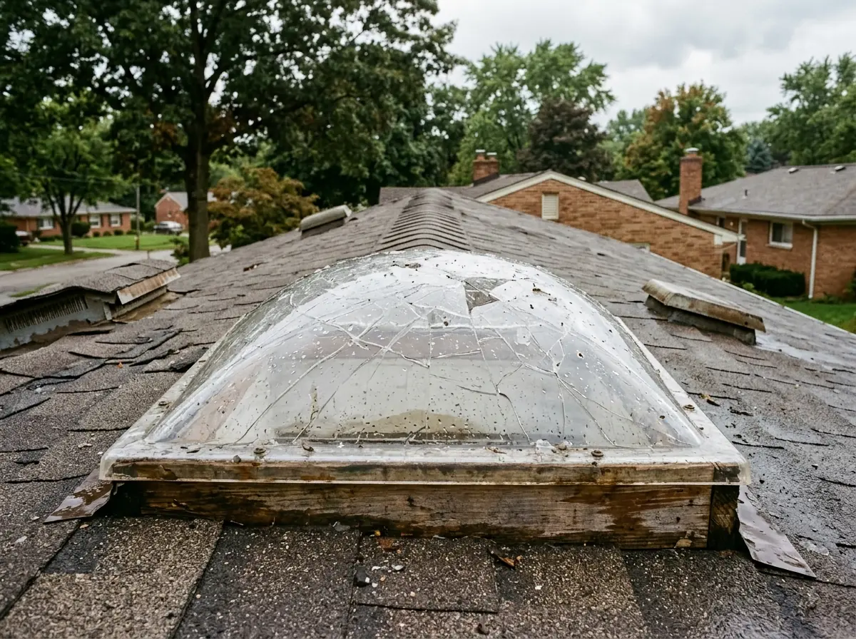 Cracked acrylic skylight dome on a shingle roof after a hailstorm