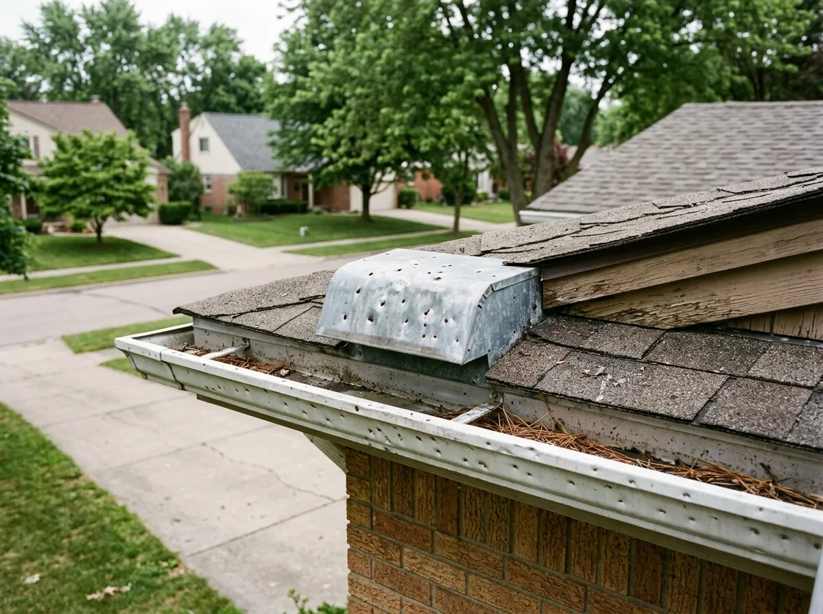 Roof box vent and aluminum gutter with small round dents from hailstones