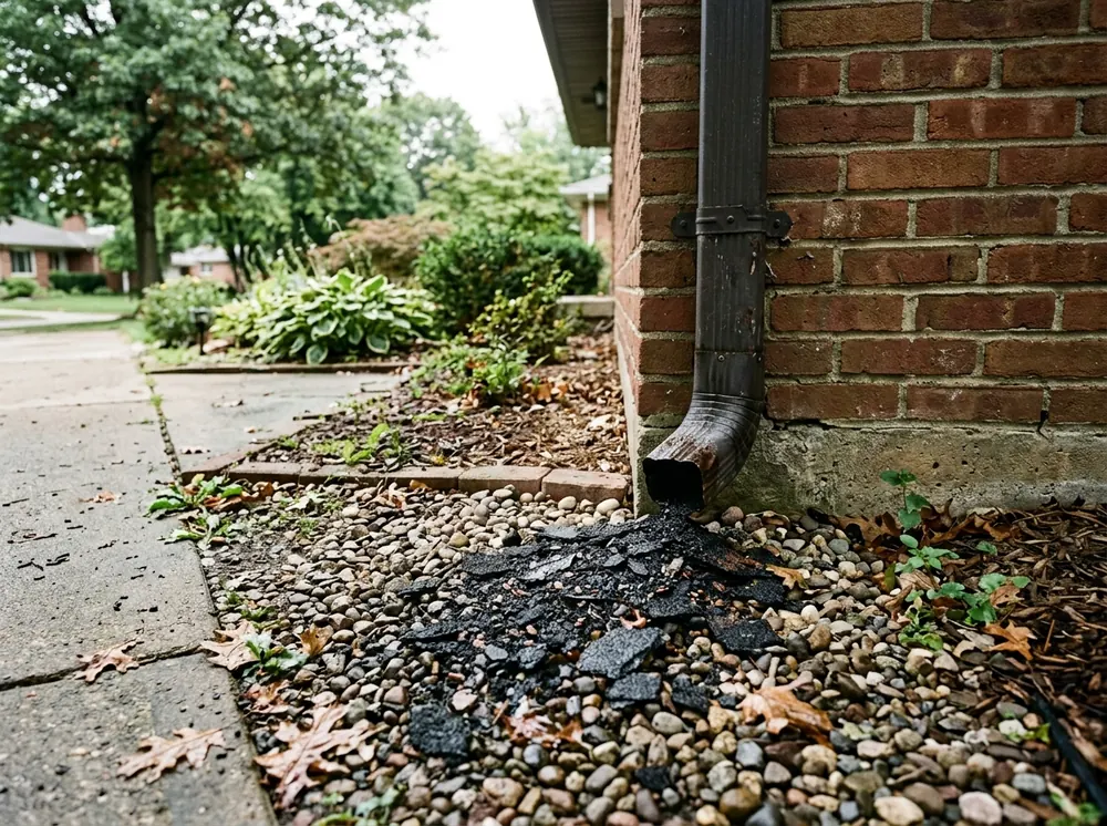 Dark asphalt granules collected in the splash area at the bottom of a downspout