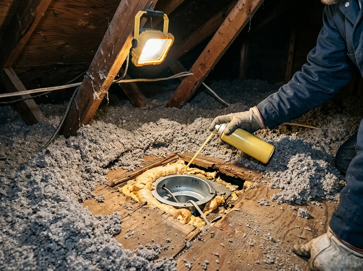 Can of spray foam sealing the gap around a recessed light housing in an attic floor, with insulation pulled back