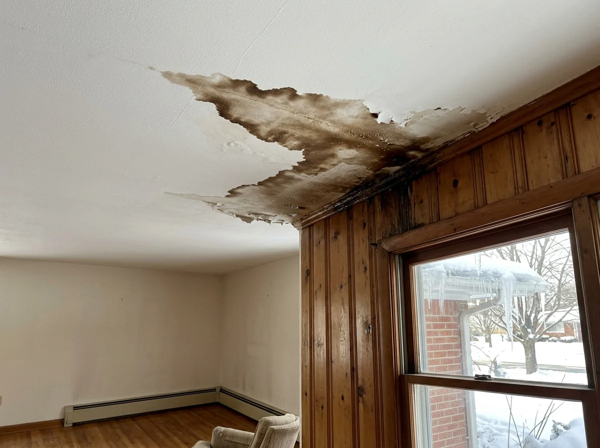 Brown water stain spreading across a white ceiling near an exterior wall, below an ice dam