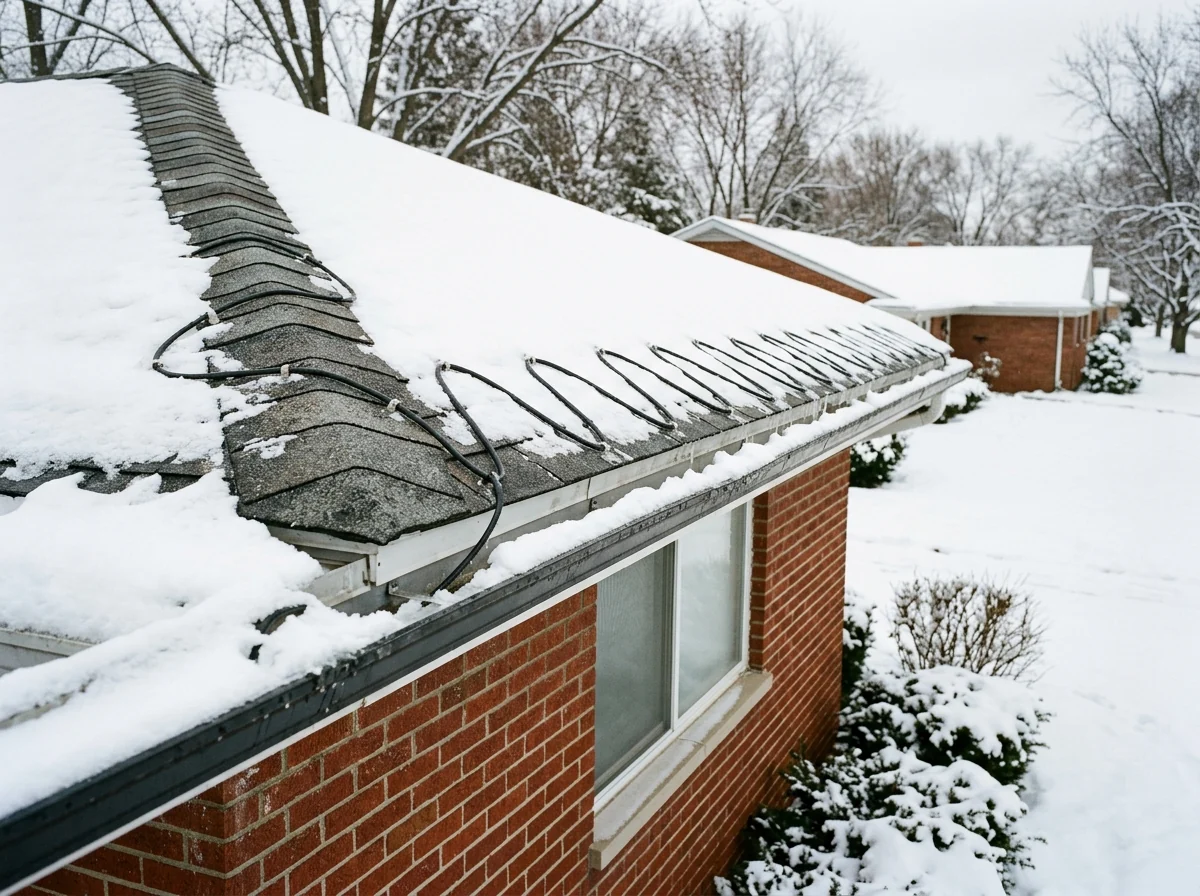Zig-zag electric heat cable clipped along the eave of a shingle roof and running down into the gutter