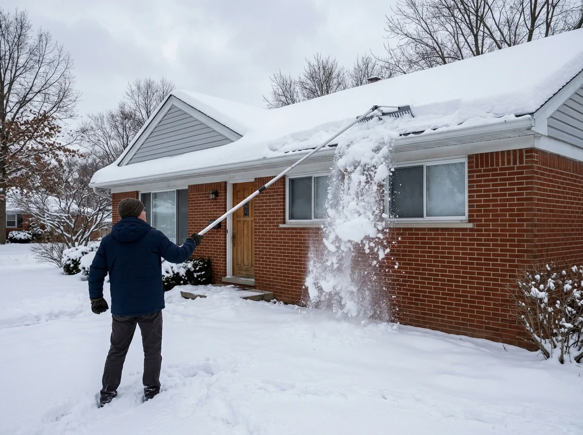 Long-handled roof rake pulling snow down off the lower edge of a snow-covered shingle roof from the ground