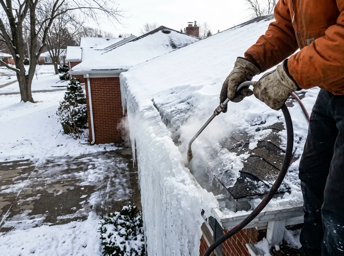 Gloved hands holding a steam wand, cutting a channel through a thick ice dam along an asphalt shingle eave