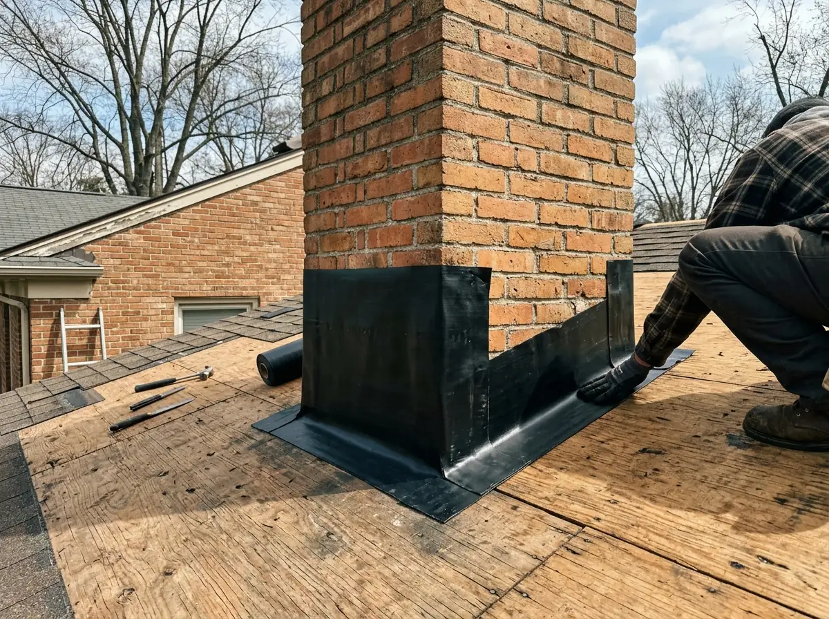 Self-adhered membrane wrapped up the side of a brick chimney and lapped onto the roof deck before flashing