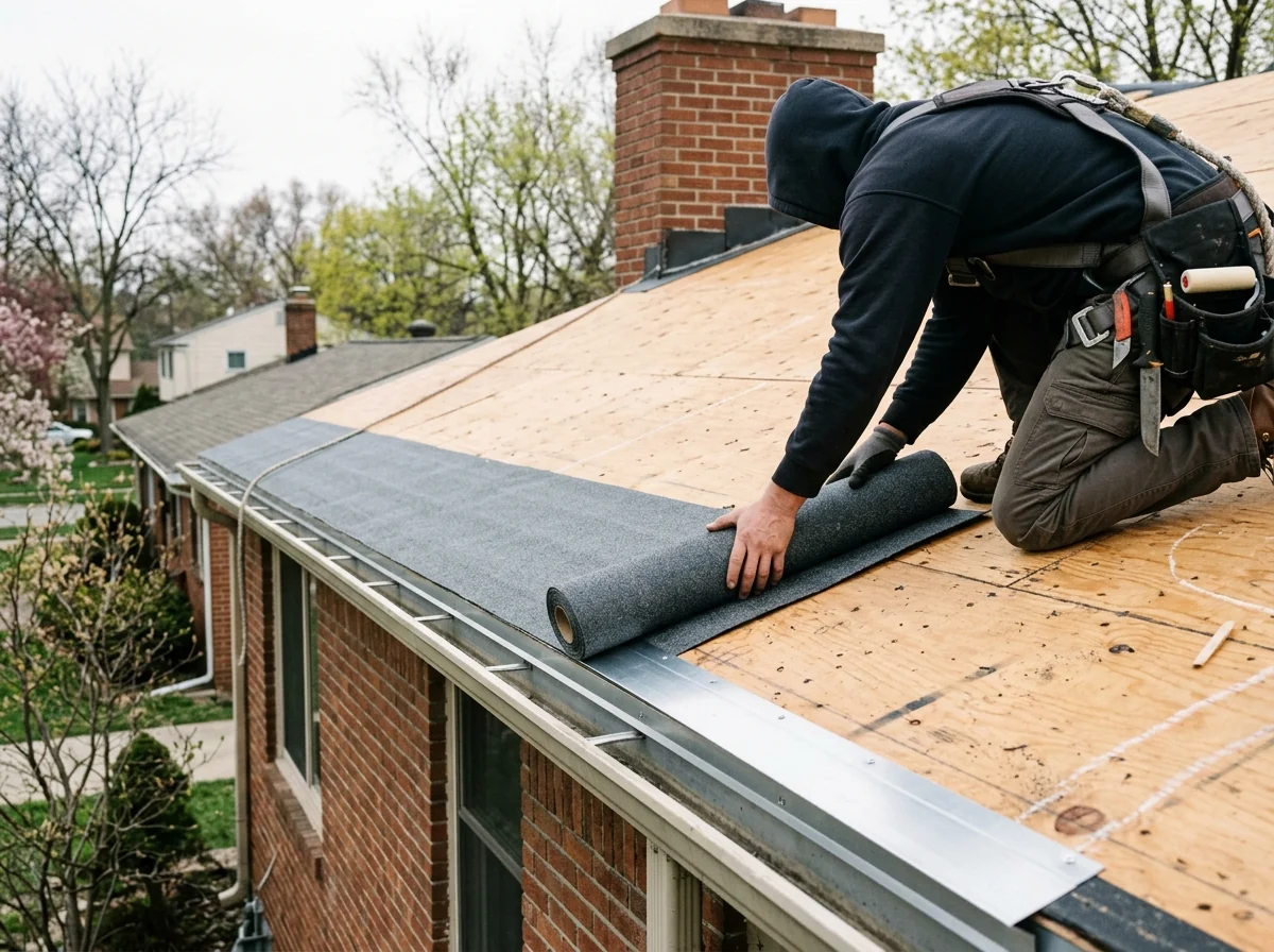 Roofer rolling self-adhered ice barrier membrane along the eave of a bare plywood roof deck above a new drip edge