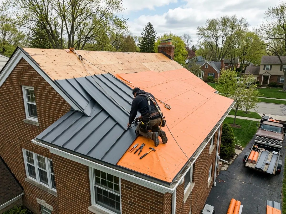 Orange high-temperature self-adhered underlayment on a roof deck, with standing seam metal panels being installed over it