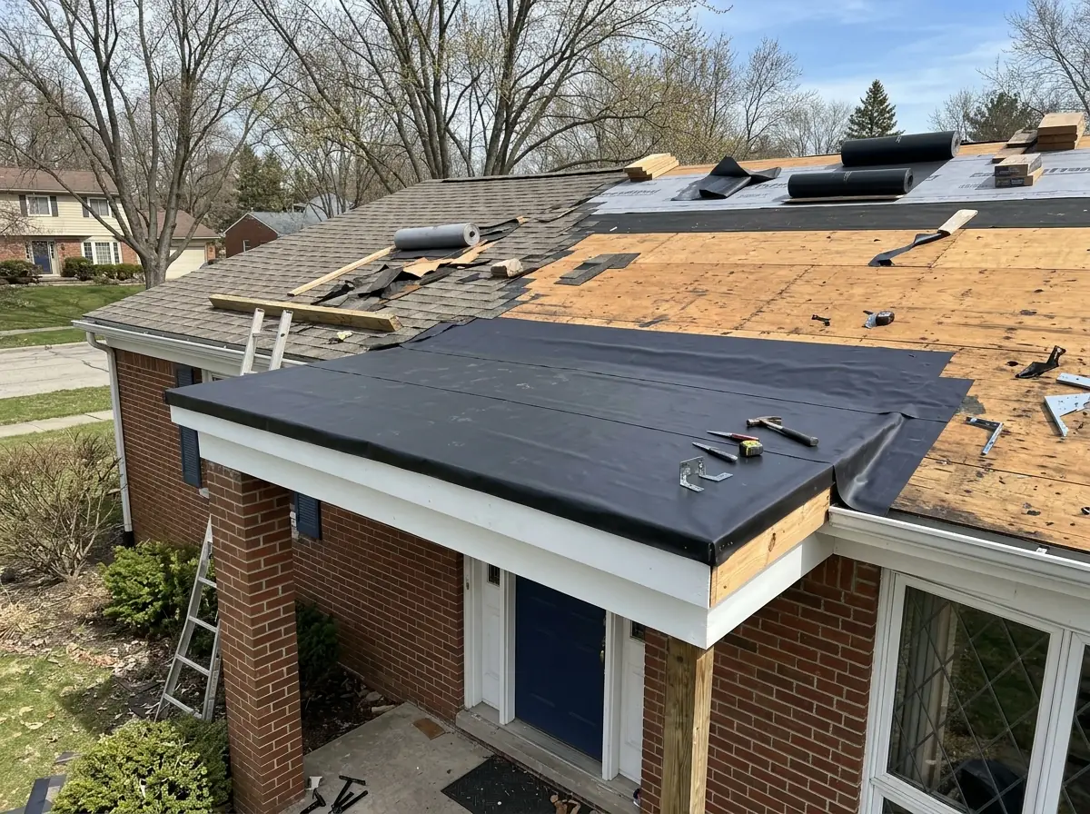 Porch roof at a shallow pitch tied into the main roof, fully covered in self-adhered membrane